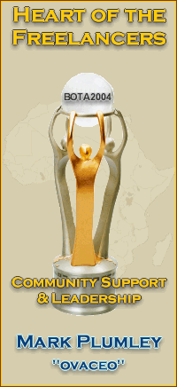 Awarded to ovaceo for: contributing the 'most help to freelancers', for his excellent work, thought, administration and support of the Freelance Forum. His efforts helped to create an incredible community through which many pilots found help and support, who would have otherwise packed it in and quit from the race. He significantly helped to reduce the whining and tip requests in the main BOTA forum through the creation and management of the Freelance Forum, and put the needs of others ahead of his own. Thank you Mark!